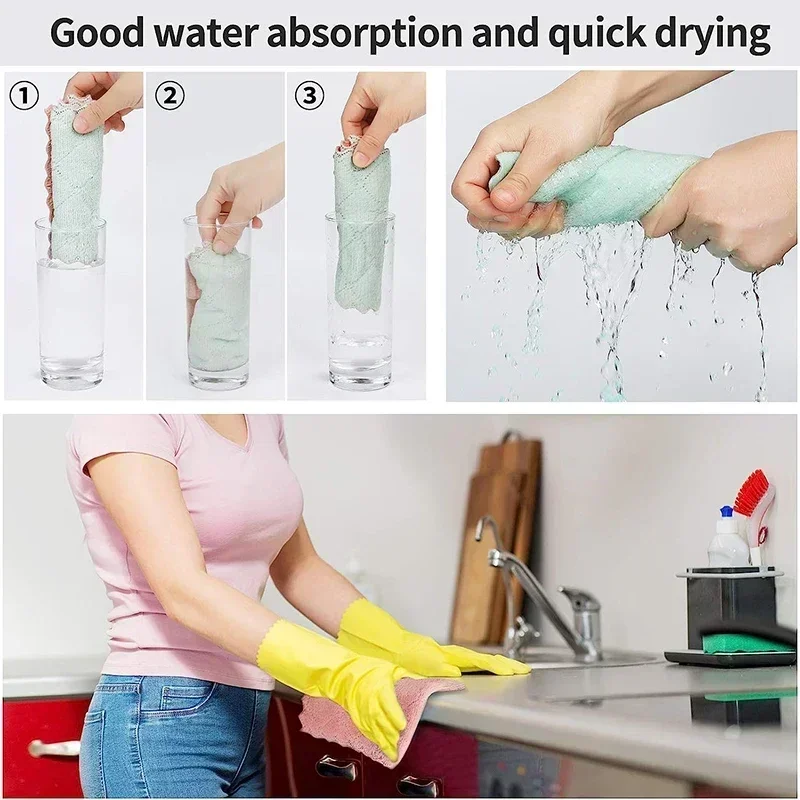 Microfiber Towels Double-layer Absorbent Kitchen Cleaning Cloth Non-stick Oil Dish Rags Scouring Pad Home Clean Cloths