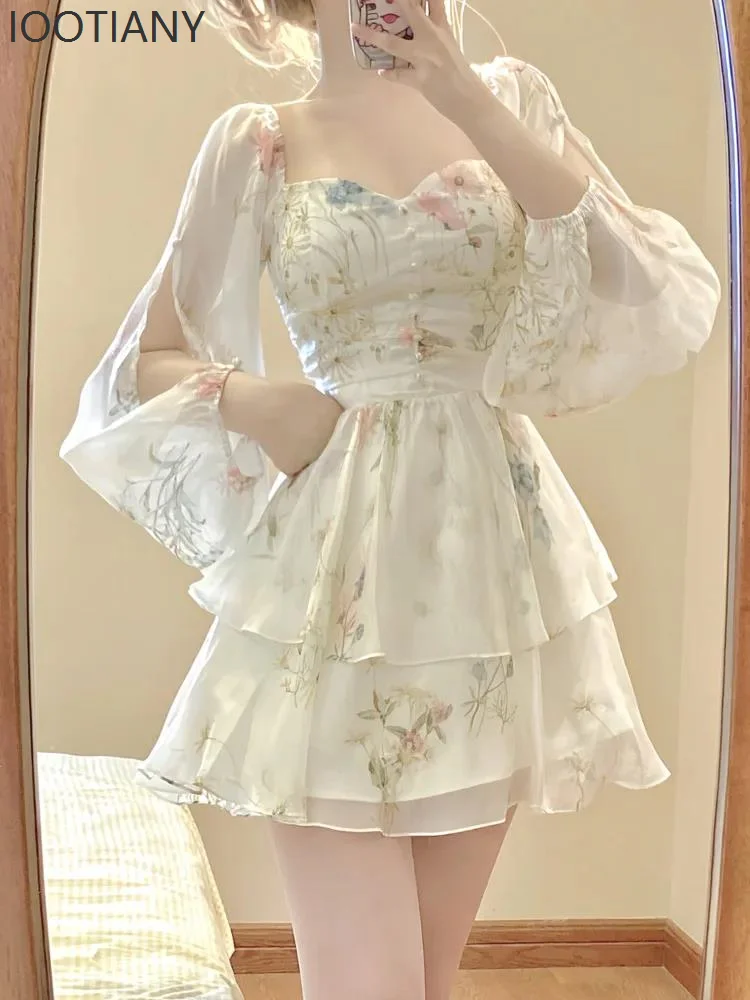 

New Fashion French Elegant Floral Short Dress Evening Dress Female Holiday Beach Bohemian Fairy Dress Stage Performance Costume