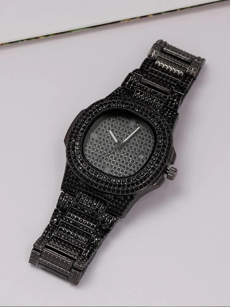 1pcs Fashion Business Calendar Men\'s Full Diamond Black Steel Band Quartz Watch