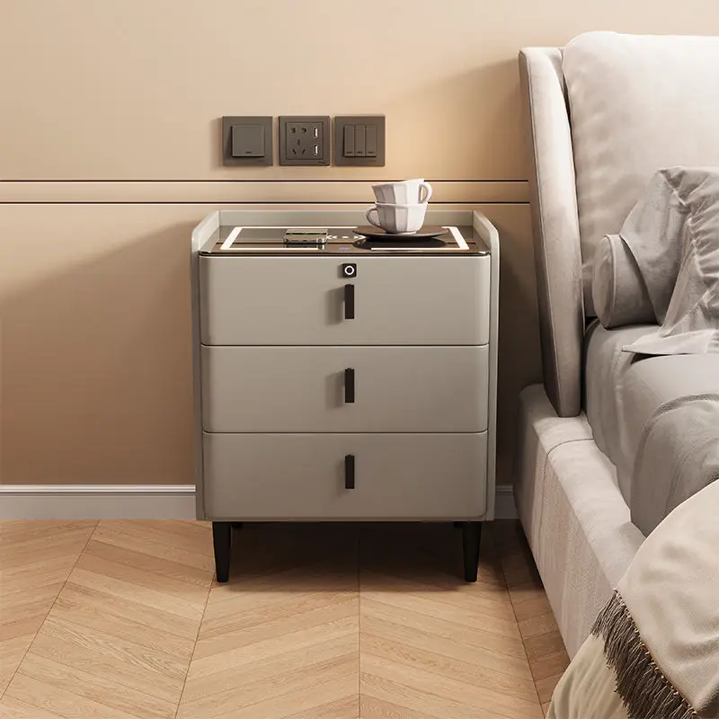 طاولة السرير الذكية اللاسلكية متعددة الوظائف شحن سمّاعات بلوتوث قفل بصمة الإصبع طاولة السرير الخشبية الصلبة