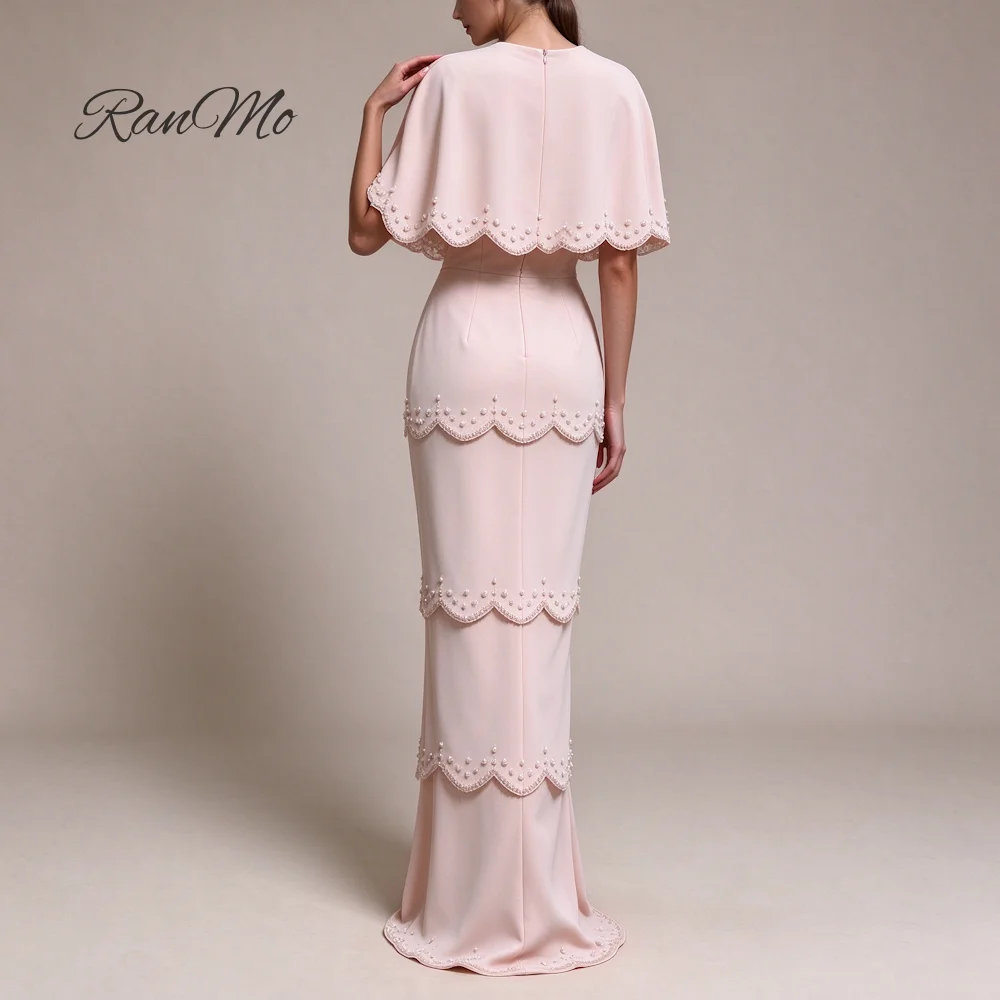 Customizable RanMo Light Blush Round Neck Capelet Evening Gown Scalloped Pearl Beading Mermaid Floor Length Formal Party Dress