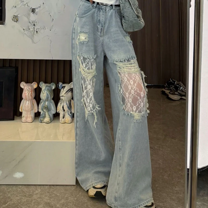 American Retro Ripped Lace Patchwork Denim Jeans For women Summer Loose Wide Legs Look Slim High Waisted Straight Leg Pants
