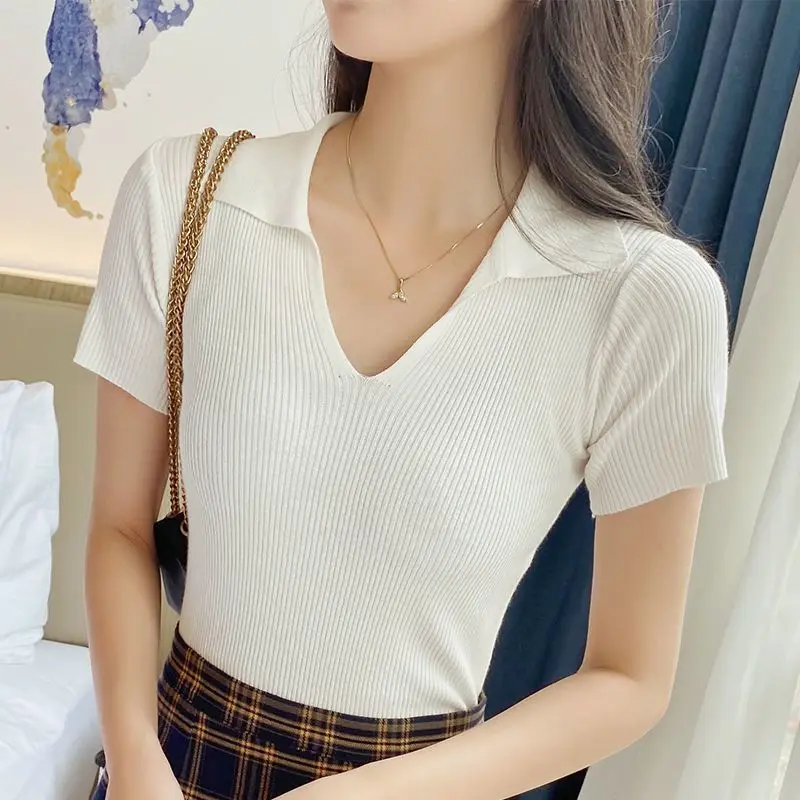 Polo Shirt Knit Sweater Women Short Sleeve T-shirt Pullover High-end Korean Tops Slim Summer Designer ClothesOffice Ladies Coat