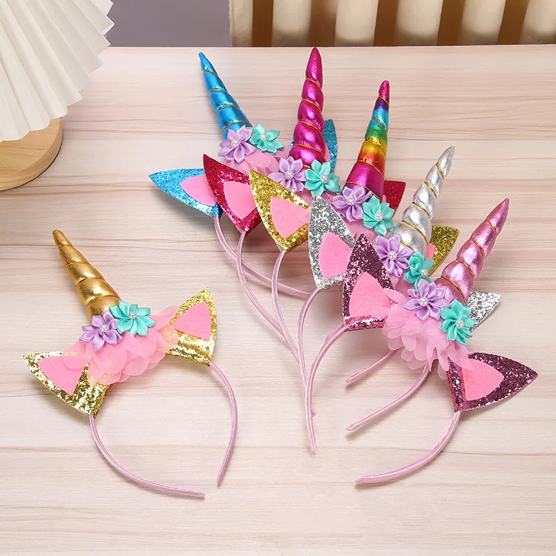 2023 New Hot Selling Hip Hop Unicorn Headband Birthday Holiday Party  Headband Fashion Fantasy Sequin Flower Children\'s Headband