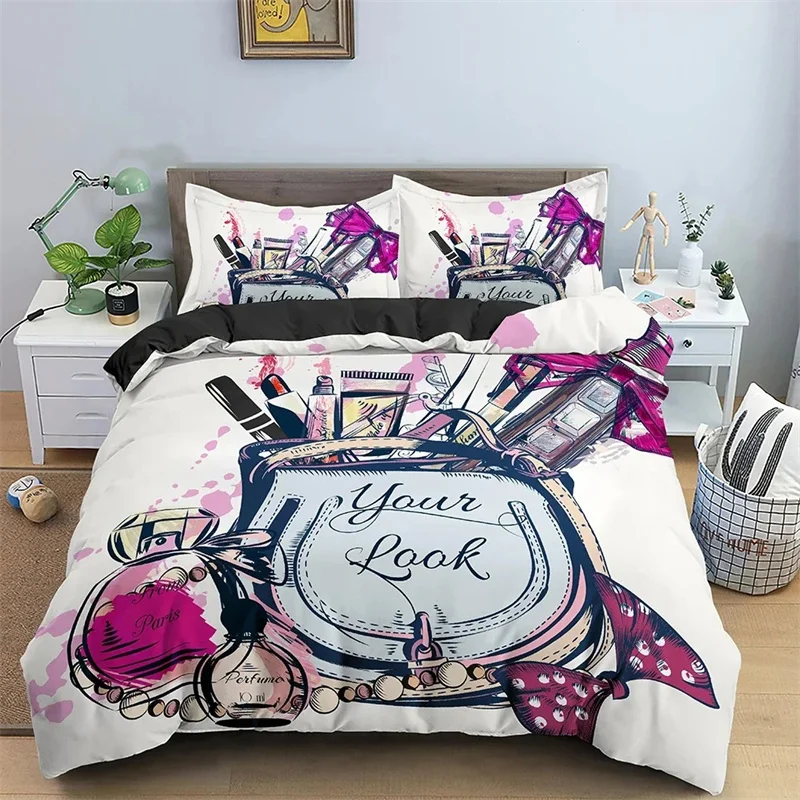 Fashion Woman Cosmetics Bedding Set Bedclothes Female High-heeled Shoes Duvet/Quilt Cover King Queen Single Size Home Textile