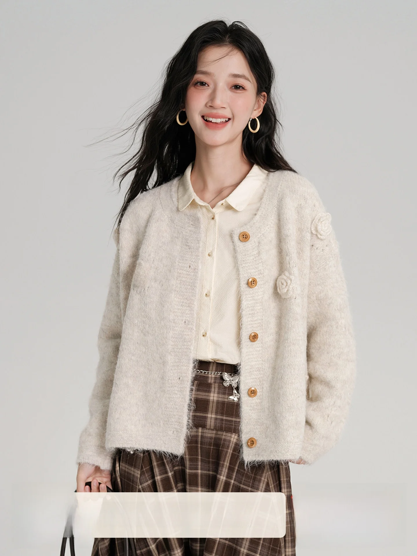 

Mu Lazy Sle Floral Knitted Cardigan Women's Early Autumn Korean Sle Sweater Jaet Loose Fit Long Sve round Ne