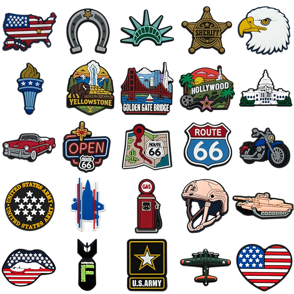 1/25 шт. тематические ПВХ-шармы для обуви в стиле США: Route 66, Орел, Армейские символы. Аксессуары для самостоятельного украшения обуви для мужчин и подростков.