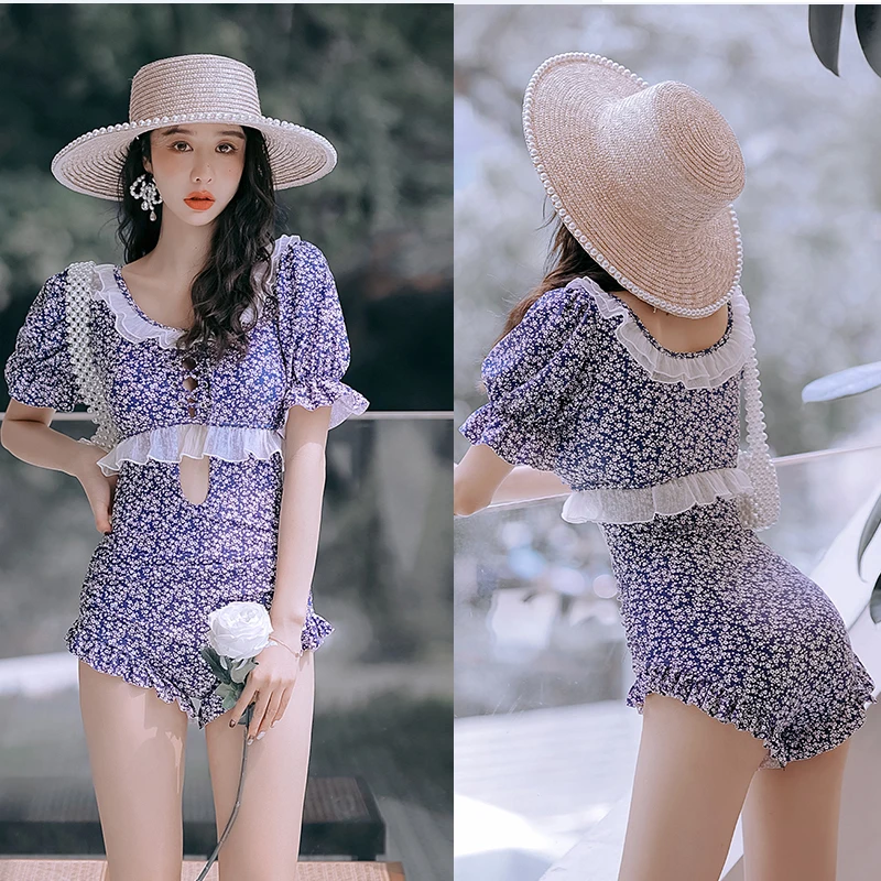 

Korean Sexy Swimwear One Piece Swimwear Women Flower Swimwear Half Sleeve Swimsuit Padded Bathing Suit Monokini Beachwear Summer