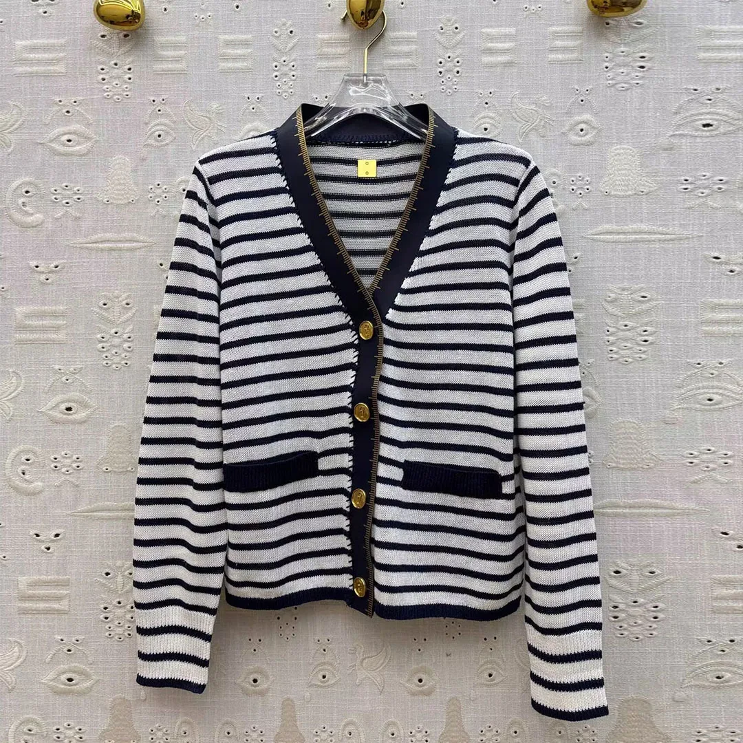 

New Autumn Casual Black Stripes Knitted Cardigans Women PU Leather Spliced V-neck Long Sleeve Gold Buttons Vintage Chic Sweater