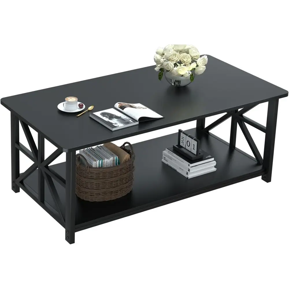 

Coee Table with Round , armhouse Center Table with 2-Tier Storage Shel X-e Design or Living Room, 39 inch Black
