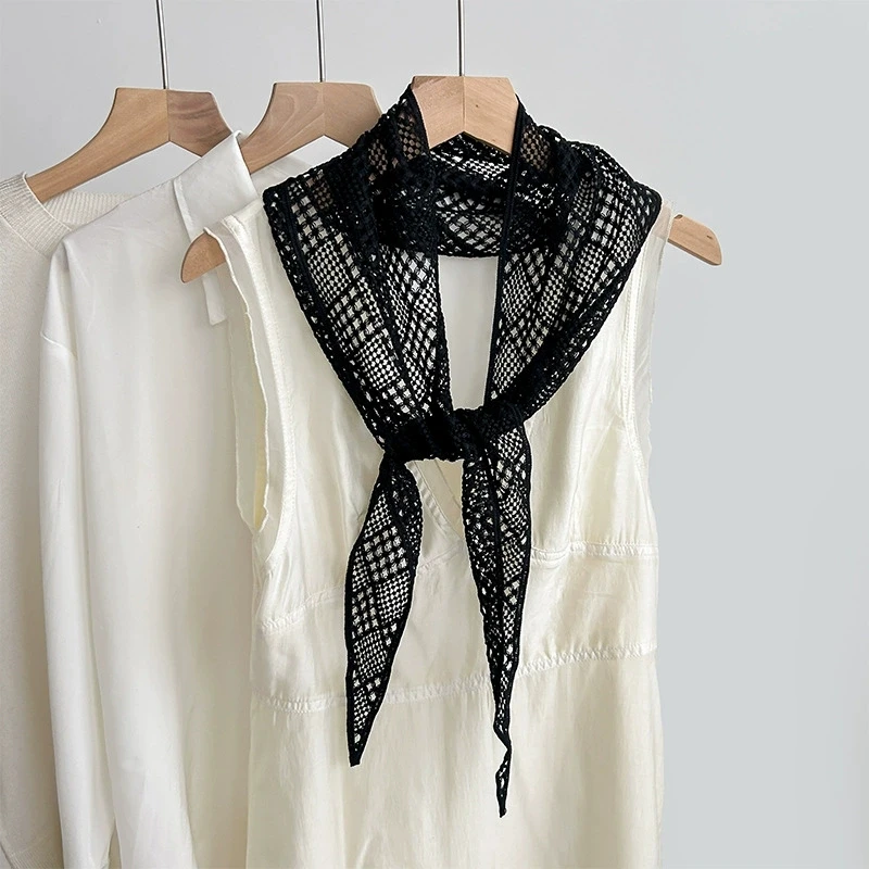 

2025 New Spring/Summer Hollow-out Triangle Scarf for Women Cotton Headscarf Decorative Necktie Ladies Hijabs Small Shawls