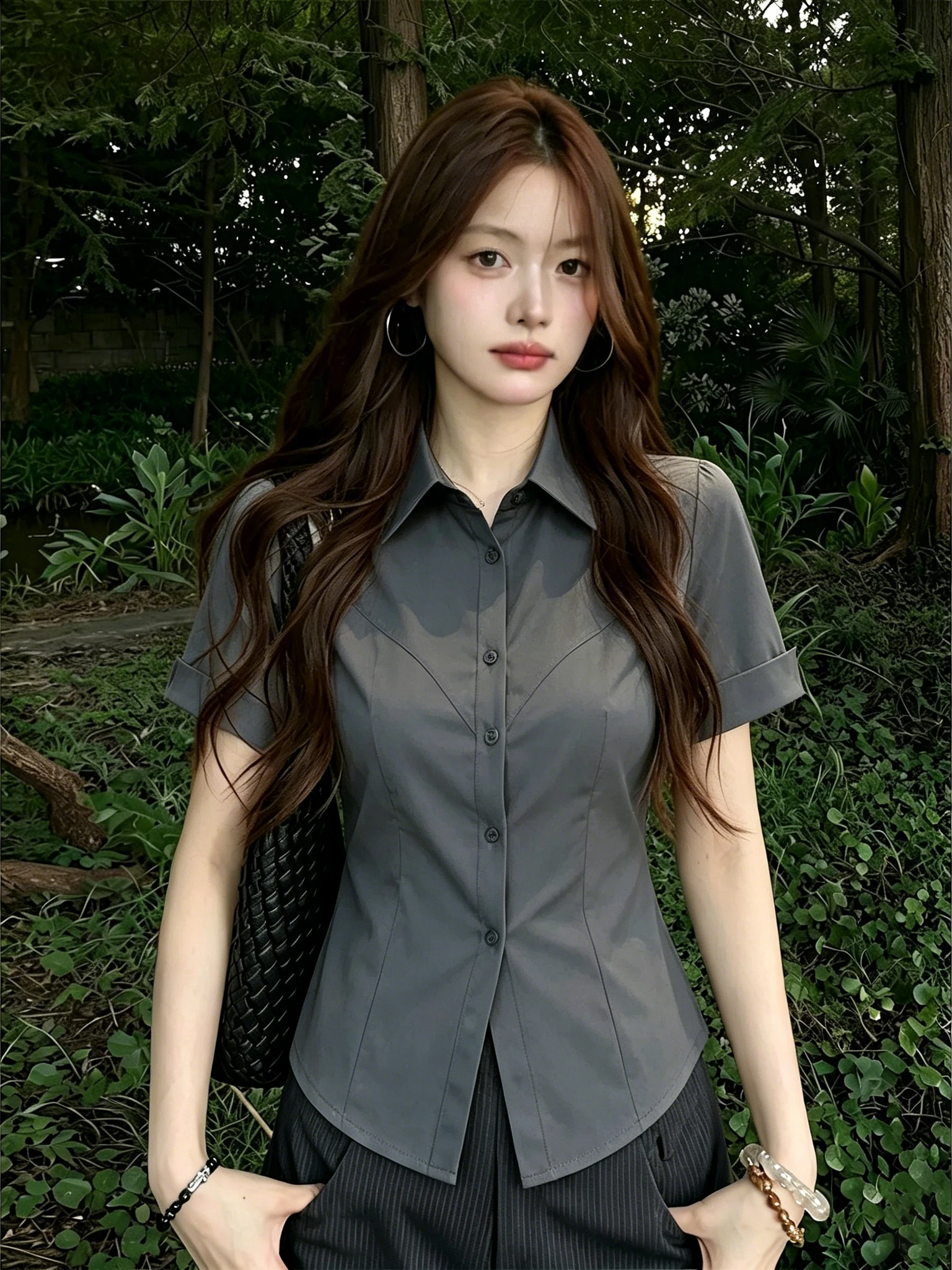 Camisa de manga corta con cuello ajustada, estilo coreano, gris, uniforme de verano para mujer, top adelgazante con cint...