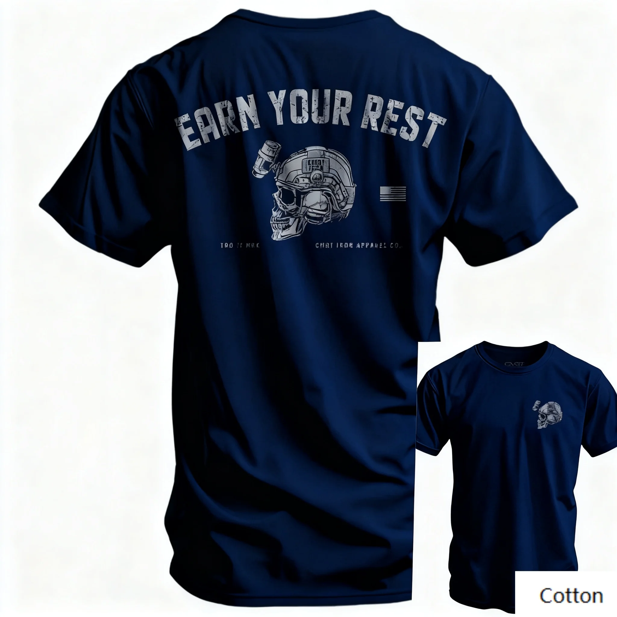 

Military - Inspirational Themed Cotton Crew Neck T Shirt Showcasing A Unique Design of A Military - Helmeted Skull