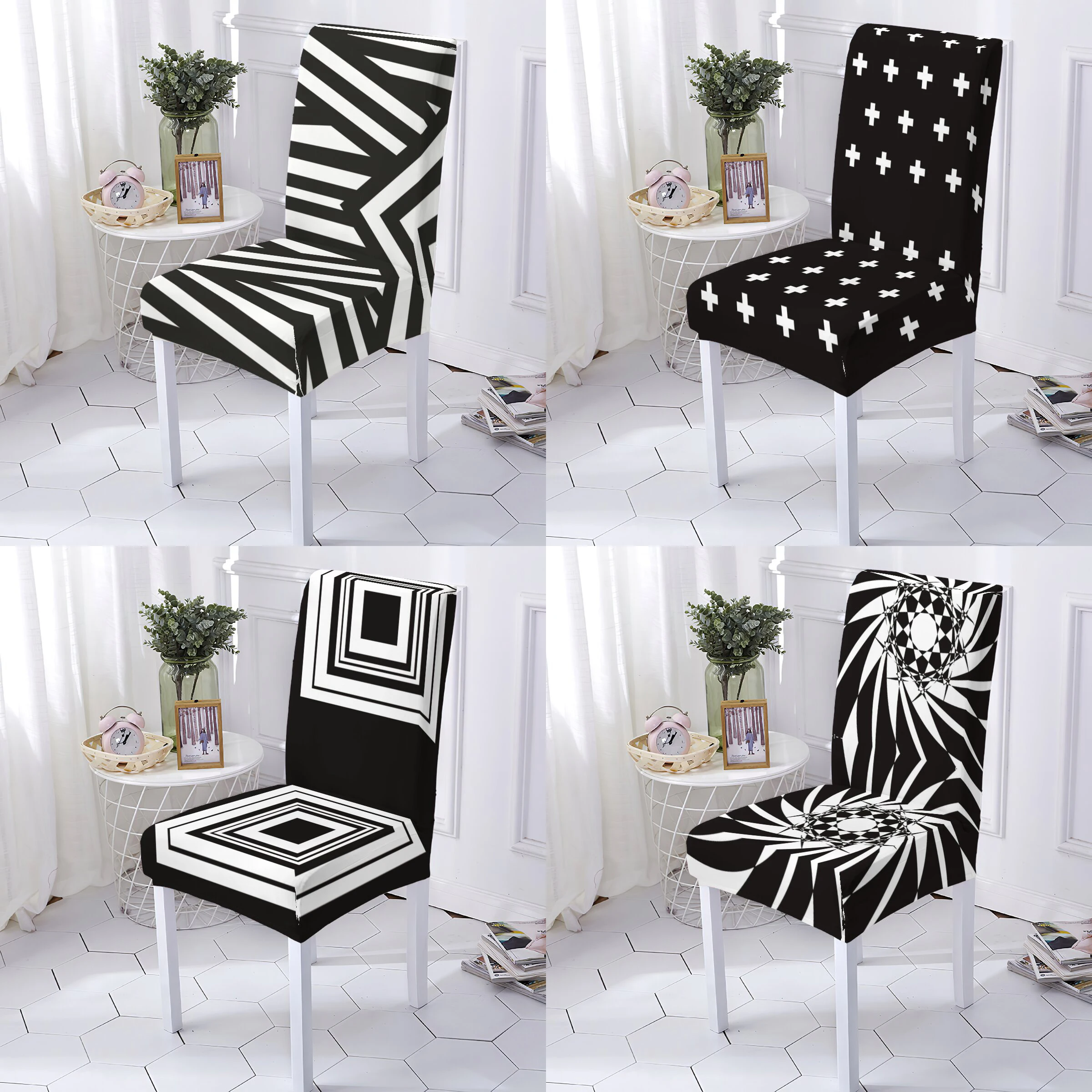 

Geometry Style Chair Cover Dining Room Spandex Elastic Chair Slipcover Black And White Pattern Stretch Chairs Covers Stuhlbezug