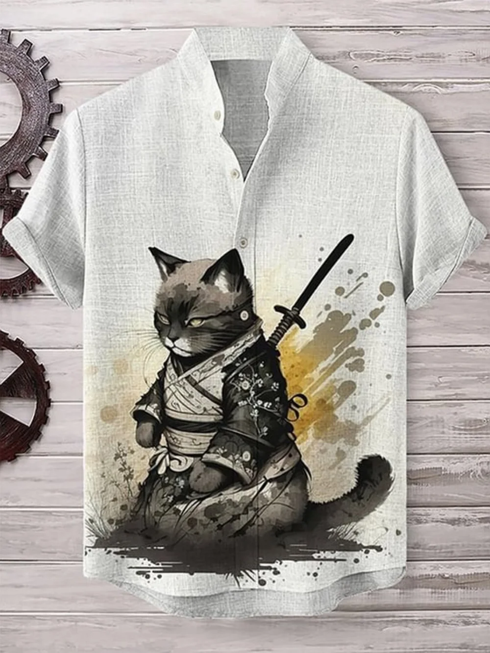 

plus Size Japanese Retro Art Black Cat Samurai Printed Shirt Short Sleeve Stand up Collar Button up Cardigan Linen Top