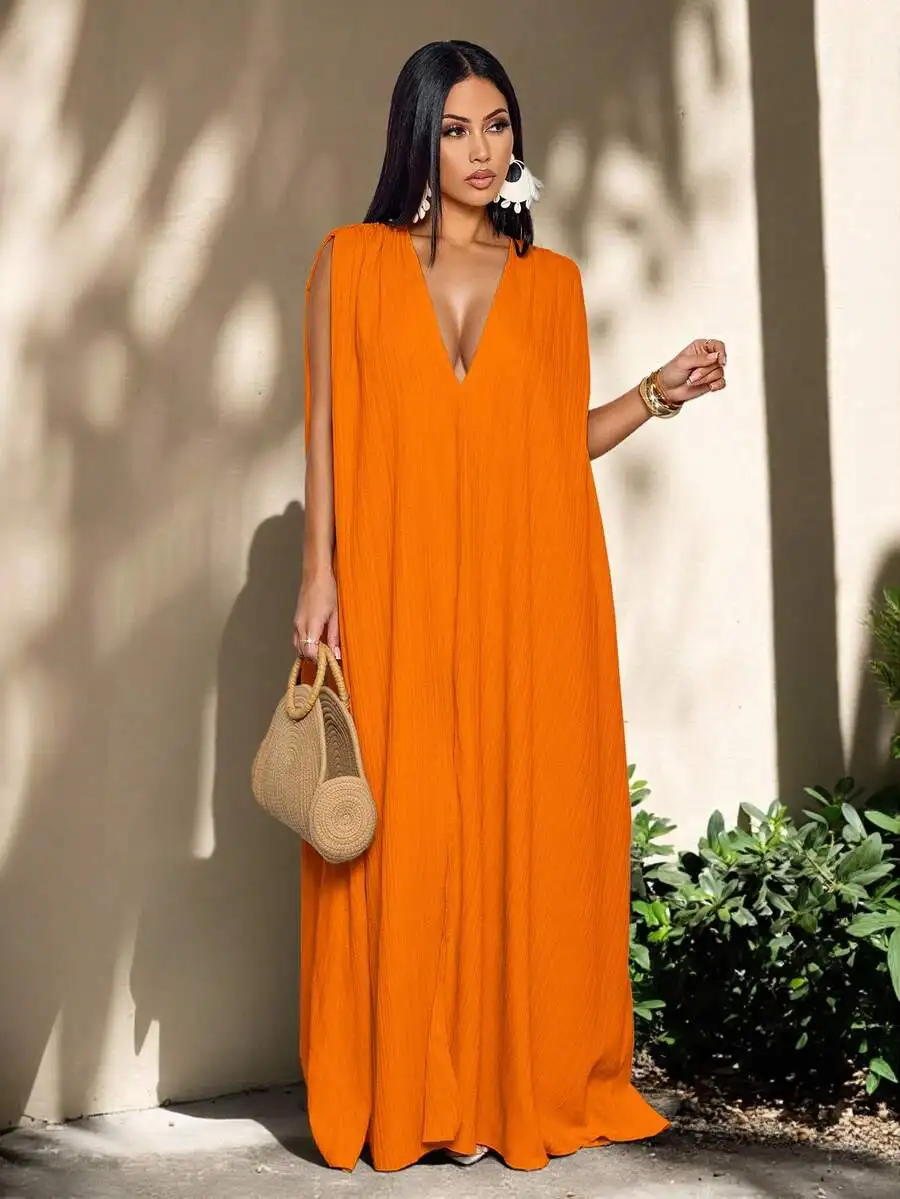 

Womens Bohemian Deep V Neck Tangerine Textured Backless Maxi Dress For Resort Summer Vacation