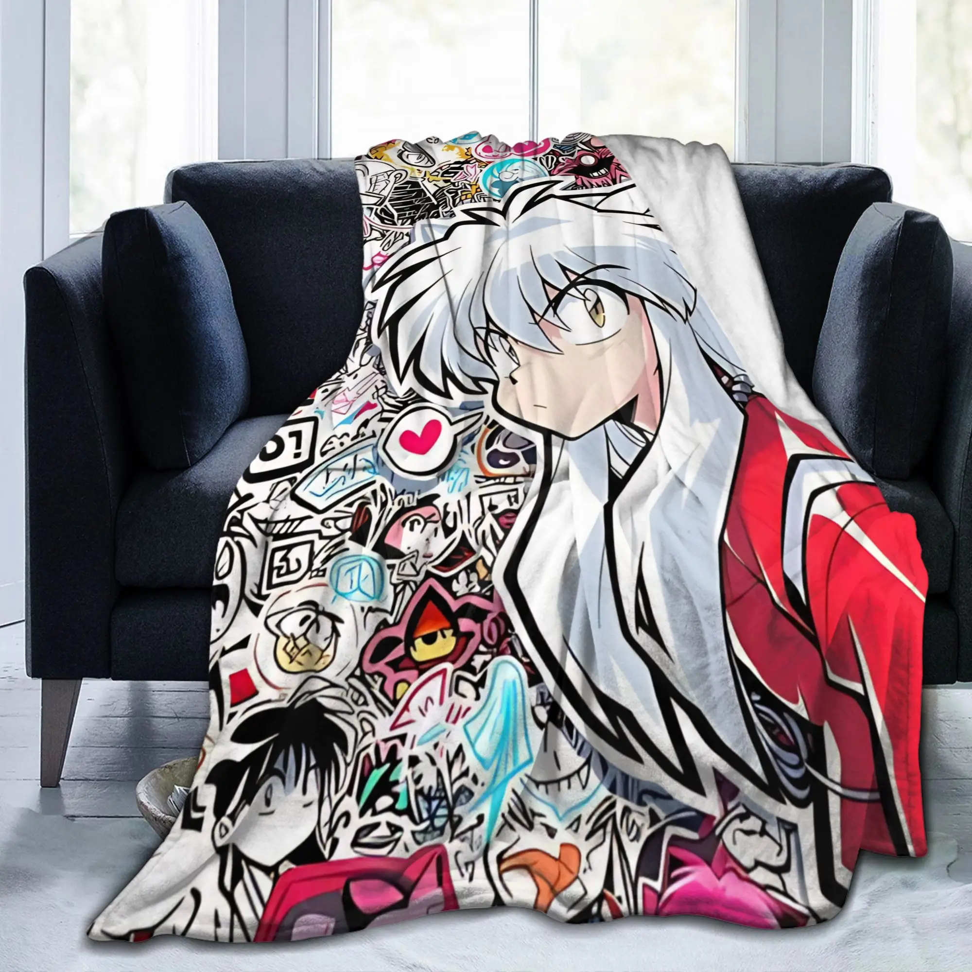 Anime Wolf Boy Collage  Blanket Velvet Spring Autumn Inuyashas Multi-function Ultra-Soft Throw Blankets Plush Thin Quilt
