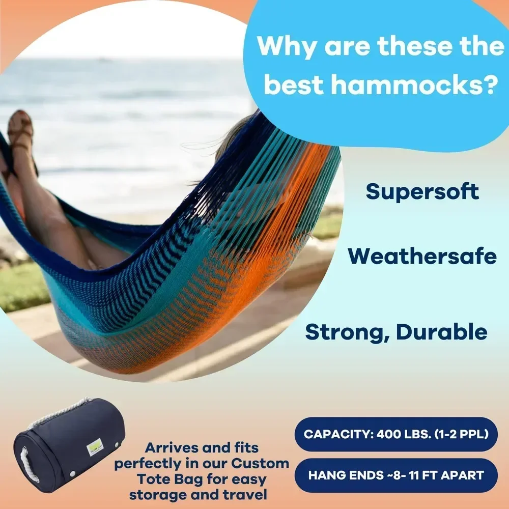 Handwoven Hammock - Double Size,400lb Max - Weathersafe, Super Strong, Easy To Hang, Ultra Soft, Artisan Blue Orange Hammock