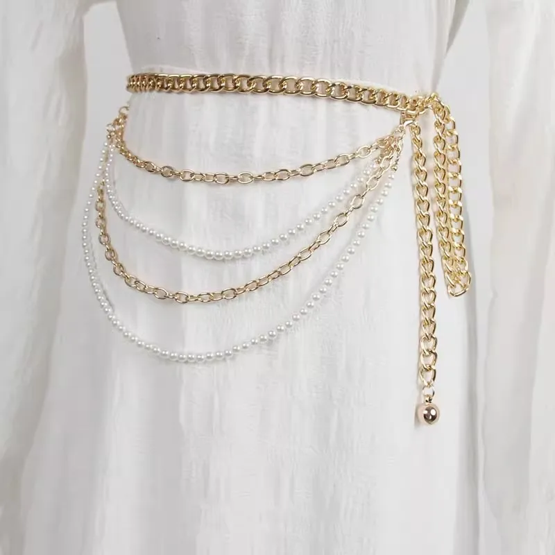 Women's Fashion Gold Silver Pearl Metal Chain Corset Female Cummerbund Coat Waistband Dress Decration Narrow Belt  J1346