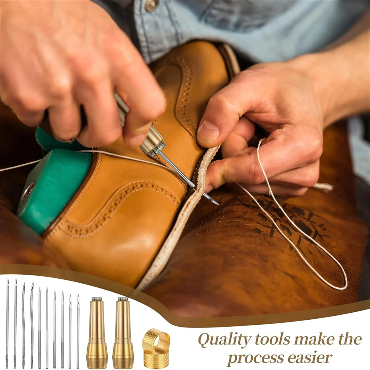 A79G 14 PCS Leather Sewing Awl Needle Set with Copper Handle, Leather Sewing Needle Awl for Leather Craft Sewing Tools