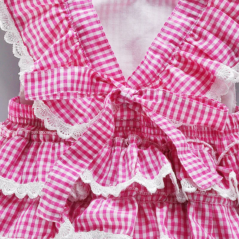 Newborn Summer New Crawling Suit With Flying Sleeves Plaid Pattern Lace, Bow And Buttocks Suitable For Babies Aged 0-2