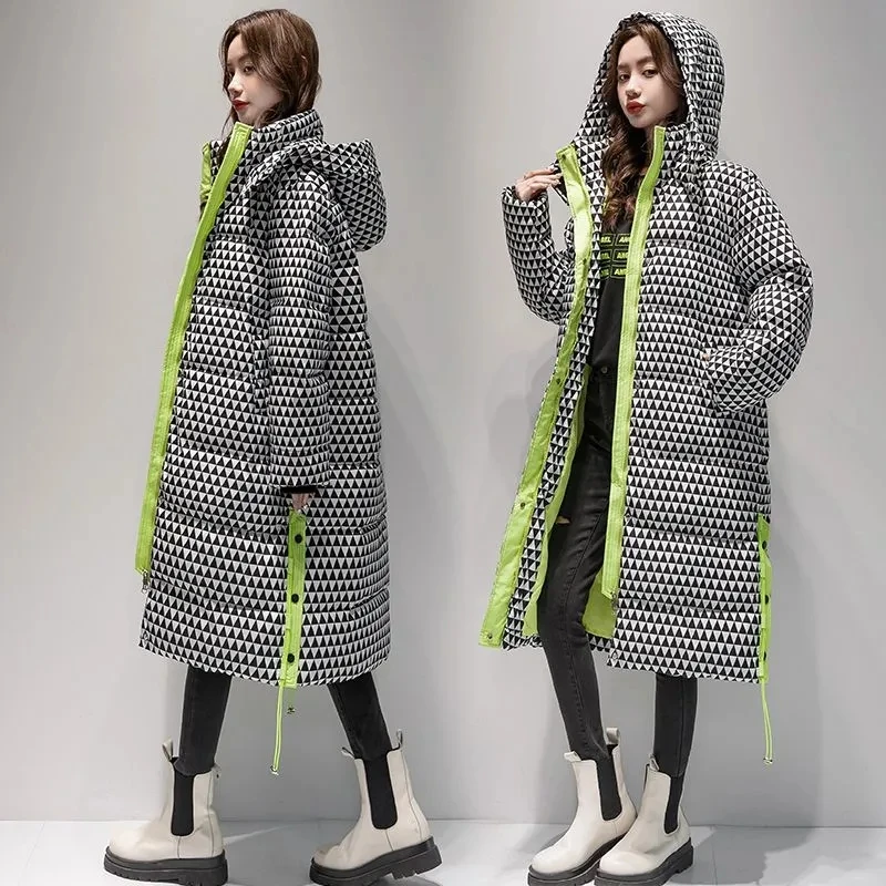 Winter Contrasting colors Hooded Jacket Fashion Casual Women Down cotton Thicken Coat Warm Parkas Windproof Female Long Overcoat