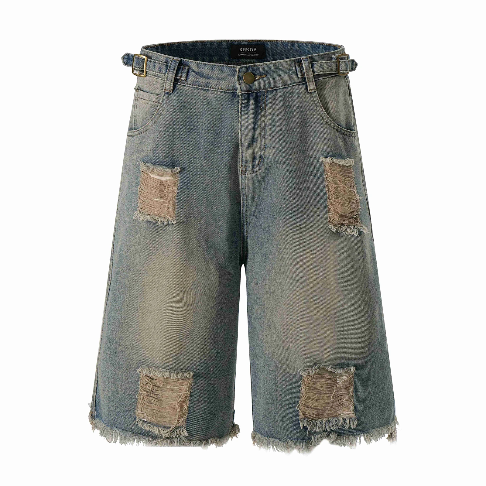 

Distressed Hole Damaged Washed Blue Baggy Jeans Shorts for Men High Street Ripped Fringe Feet Casual Denim Short Loose Cargos