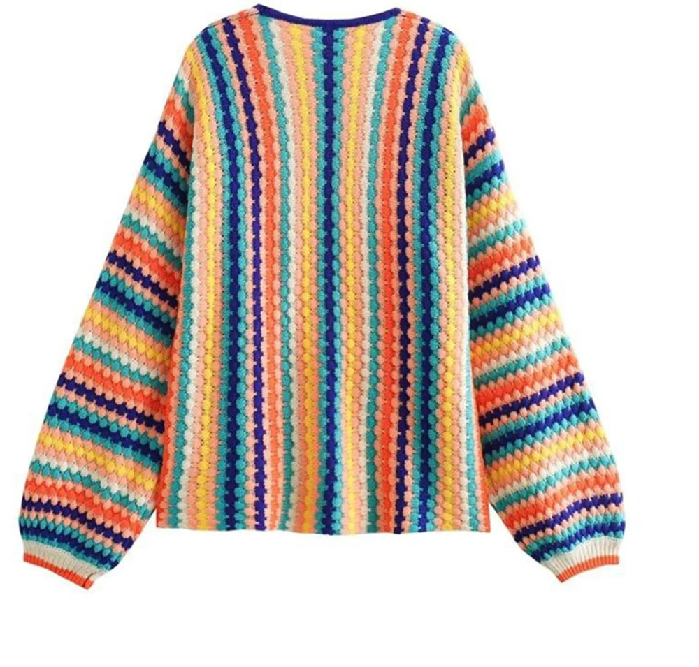 Women Colorful Striped Knitted Cardigan Sweater Vintage Crochet  Rainbow Color Long Sleeve Coats Female Loose Streetwear Tops