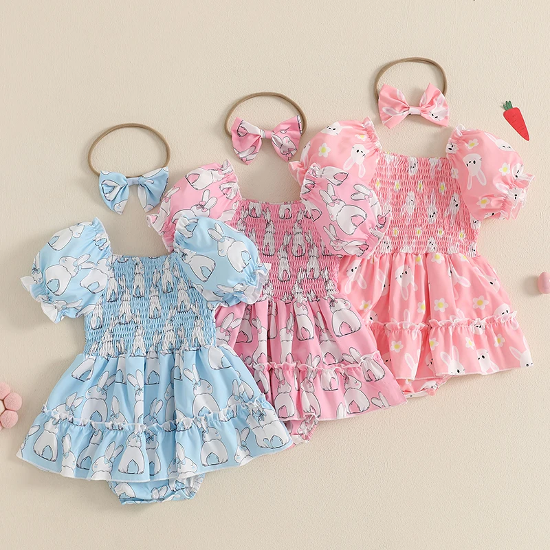 

SUNSIOM Baby Girl Easter Outfit Short Sleeve Square Neck Rabbit Print A-line Romper Dress with Bow Headband Clothes