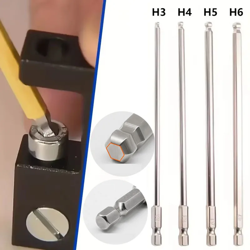 4pcs S2 Steel Ball End Hex Screwdriver Bits Set 150mm H3-H6 Hex Head With 1/4 Inch Hex Shank And Magnetic Tips Allen Key Bits