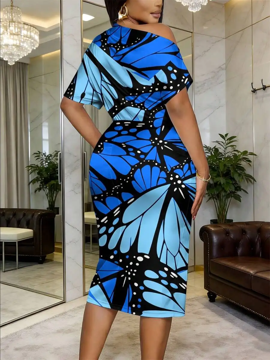 

Womens One Shoulder Short Sleeve Midi Dress Blue Butterfly Print Bodycon Pencil Dress For Party Dating Night Out