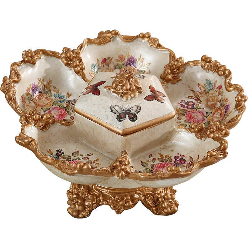 

European fruit plate living room luxury coffee table decorative ornament creative American with lid grid nut plate dried fruit