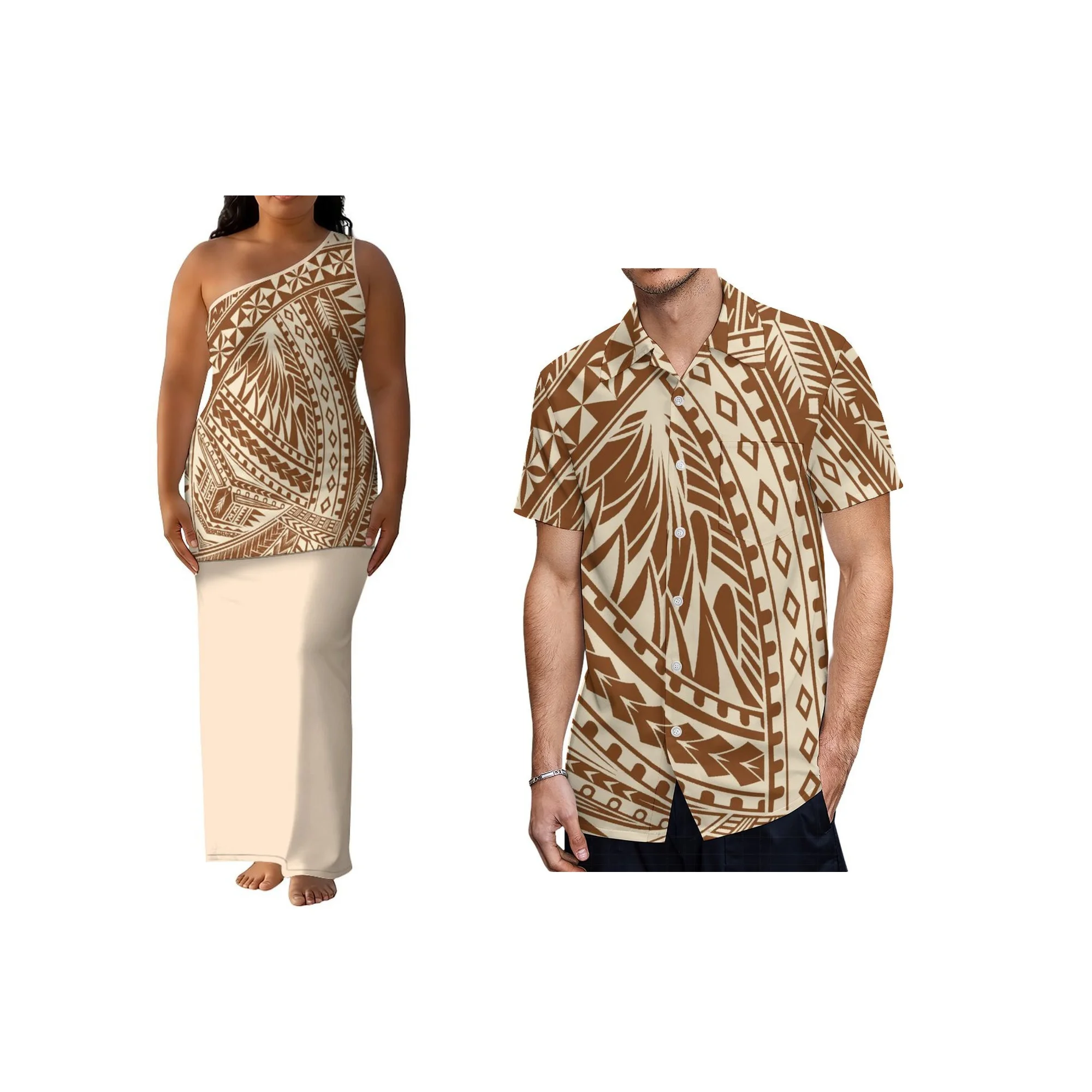 

New Plus Size High Quality Custom Samoan Puletasi Polynesian Design One Shoulder Dress 2Pc Polynesian Tribal Dress