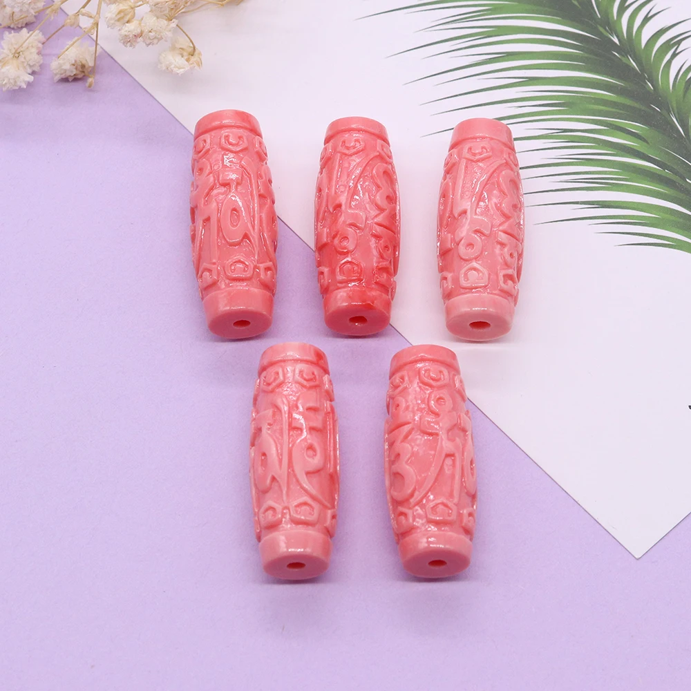 Natural Stone Barrel Beads Red Coral Six Word Motto Dzi Buddha Loose Beads for Jewelry Making DIY Bracelet Necklace Accessories