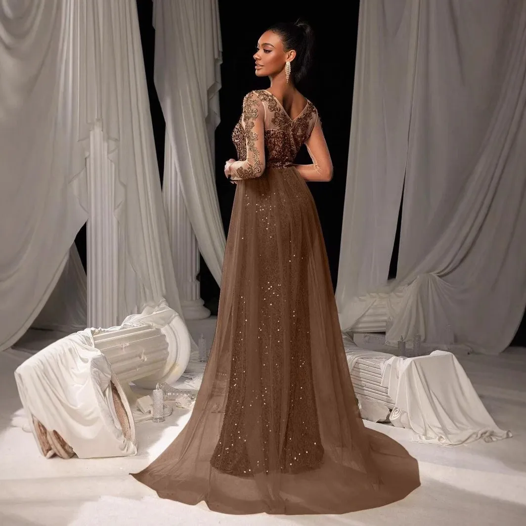 Tie Dye Party Gown Maxi Length Elegant with Elegant Style Party Dress Mid Waist Deep V Neck Long Sleeves Summer for Women