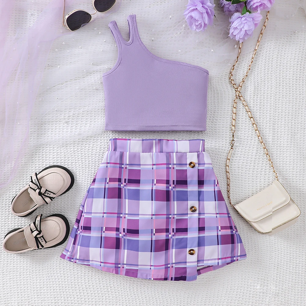 Girl's Summer Off-Shoulder Knit Vest + Plaid Midi Skirt Two-Piece Casual Set