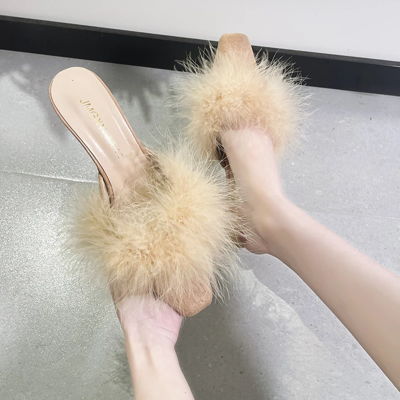 

Sexy Fur Slippers Woman High Thin Heels Woman Shoes Pointed Top Outdoor Slides Fashion Summer House Slippers Flip Flops Sandals