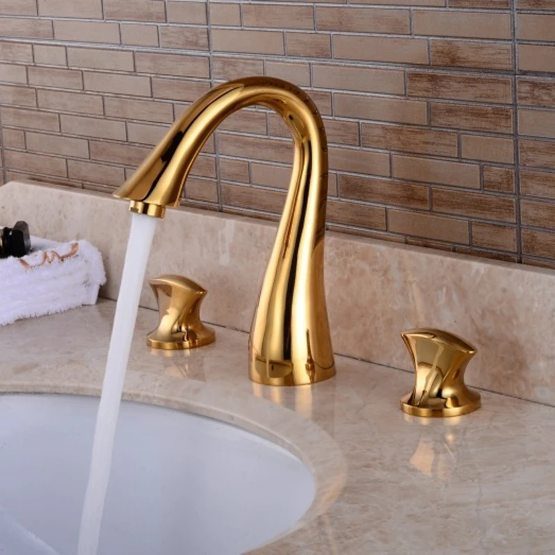 

Gold Bathroom Faucet Brass Hot and Cold Water Deck Mounted Basin Mixer Tap Contemporary Bathroom Sink Faucet Free Shipping