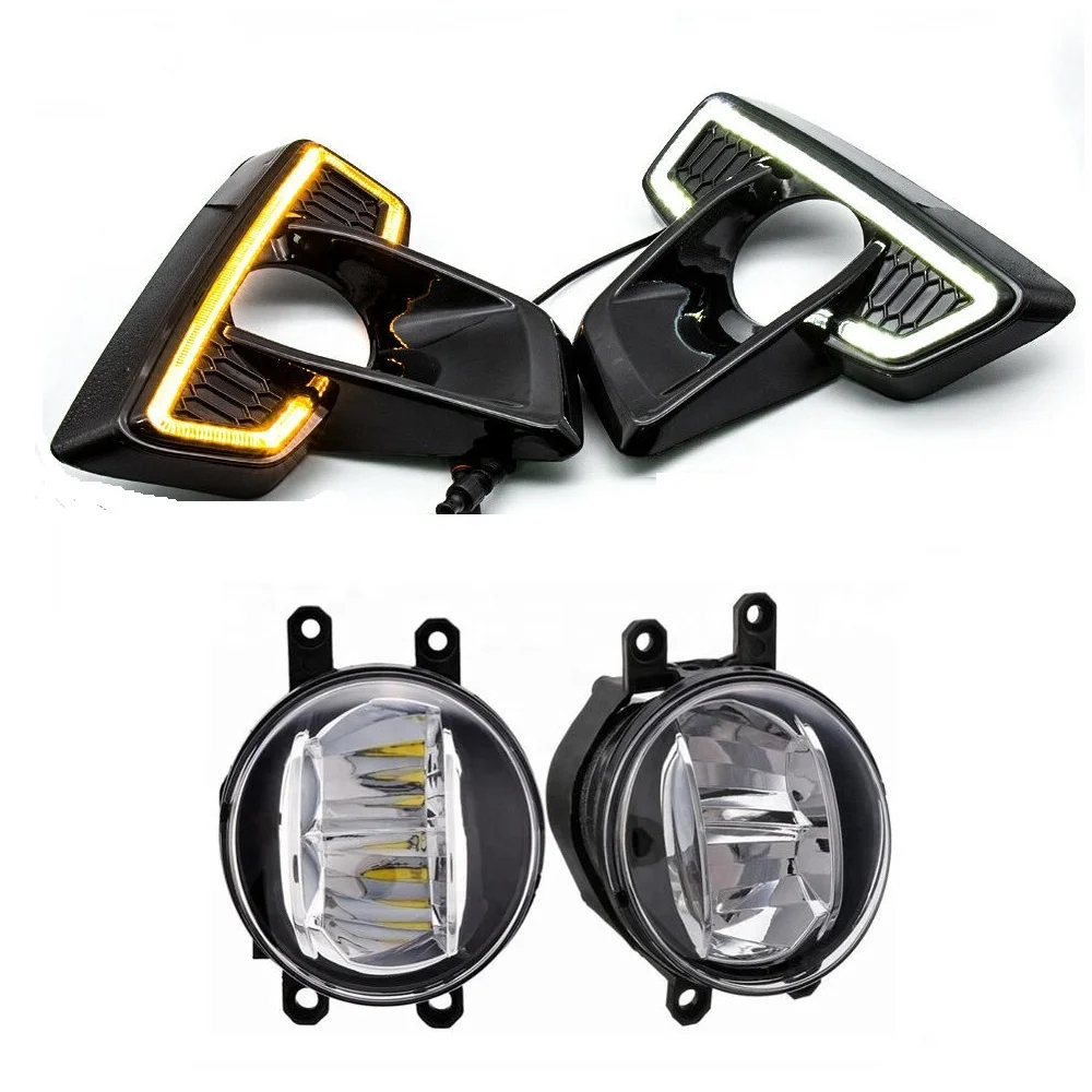 LED Daytime Running Light with turn yellow amber signal + fog light lamp kit For Toyota Hilux Revo Rocco 2018 2019