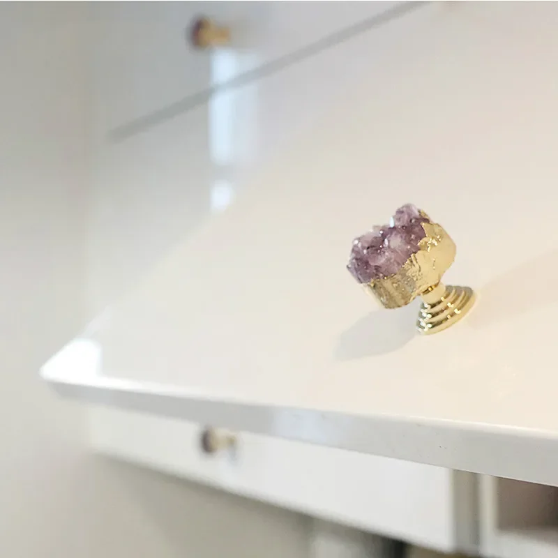Luxury Natural Purple Crystal +brass Knobs Drawer Pulls Kitchen Cabinet Knobs and Handles Furniture Hardware
