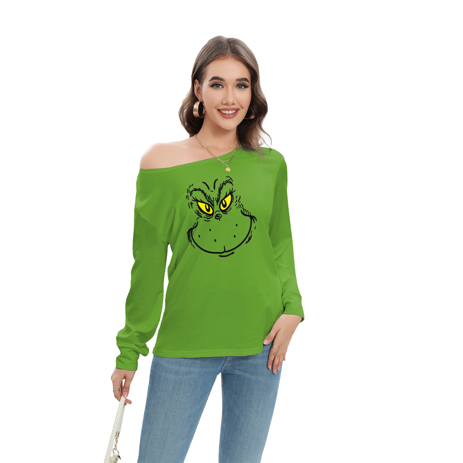 Nadanbao Women T-Shirt Casual Diagonal Collar Green Fur Monster Print Long Sleeve Tops Sexy Off Shoulder Loose Pullover T-Shirts