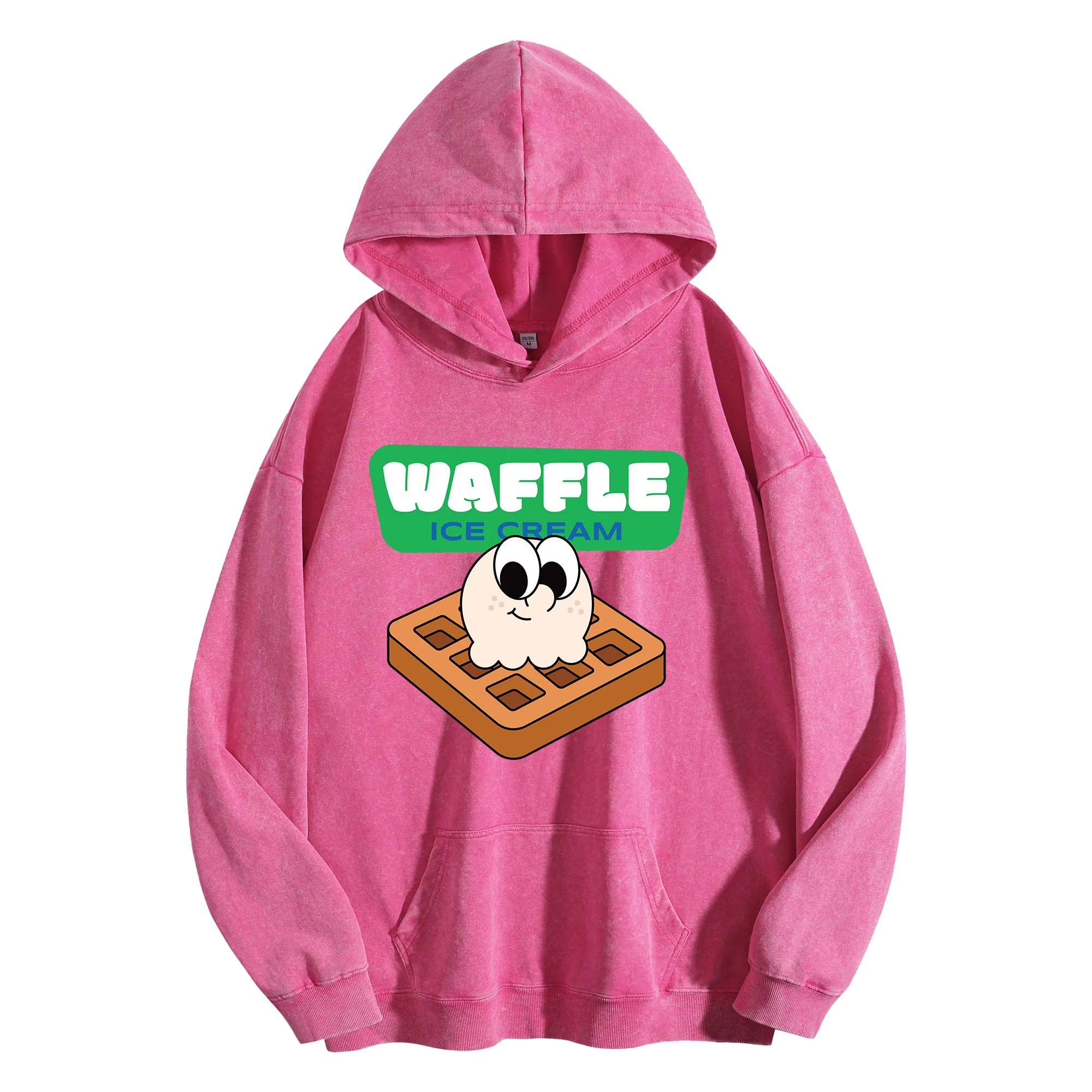 سترة بغطاء للرأس مغسولة عتيقة 400G مطبوعة برسومات WAFFLE للجنسين، بلوفر كبير الحجم، مجموعة الخريف/الشتاء