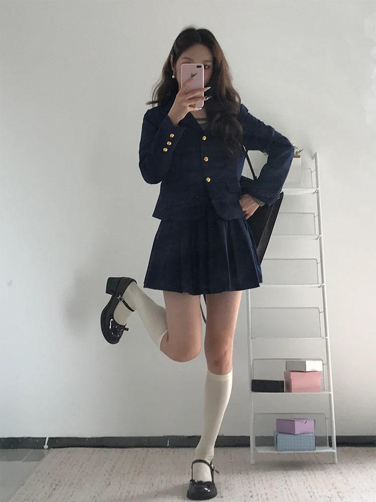 Minceur coréen collège Sle costume ensemble femmes automne nouveau k bleu costume Jaet jupe plissée deux pièces ensemble Faionable