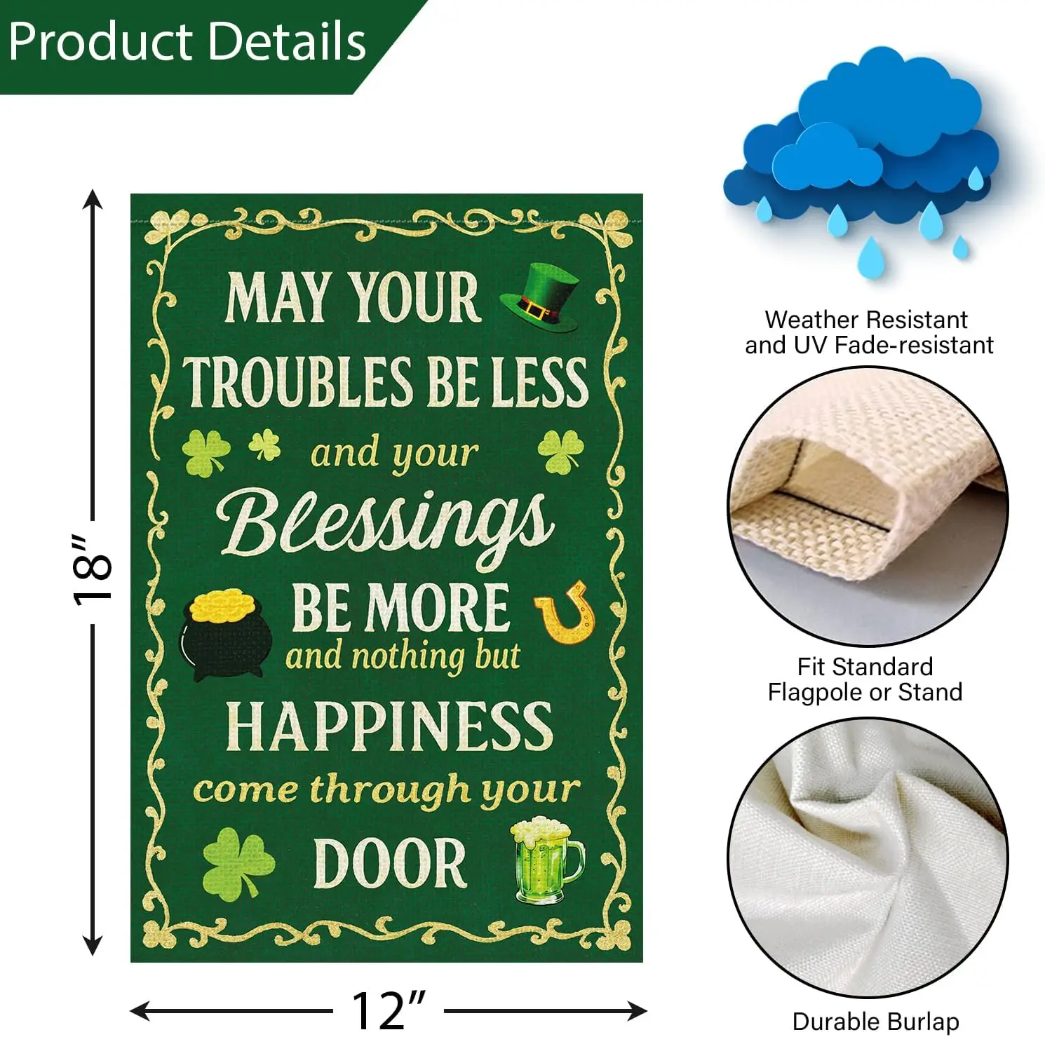 Louise Maelys St Patrick's Day Garden Flag Shamrock Clover May Your Troubles Be Less 12x18 Inch Double Sided Small Burla AAS
