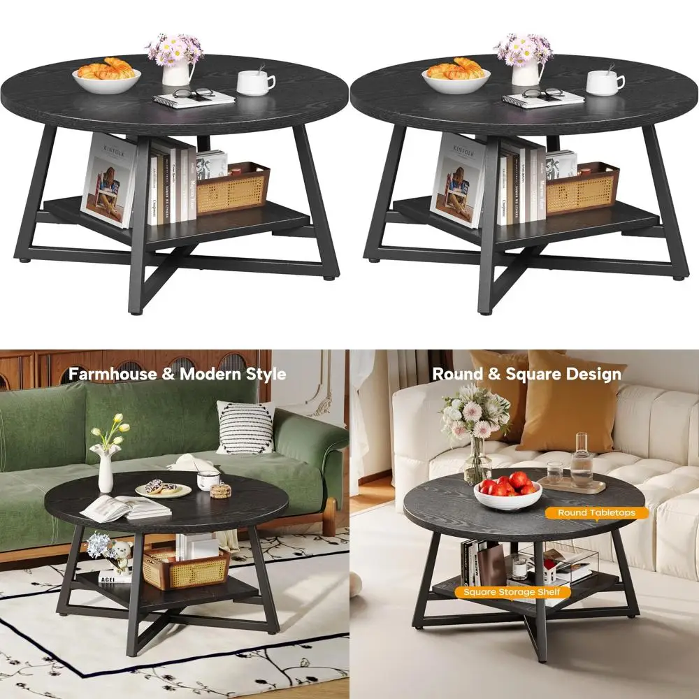 

Compact Black Round Coffee Table with Storage for Living Room and Home Office, Ideal for Small Spaces and Easy Assembly