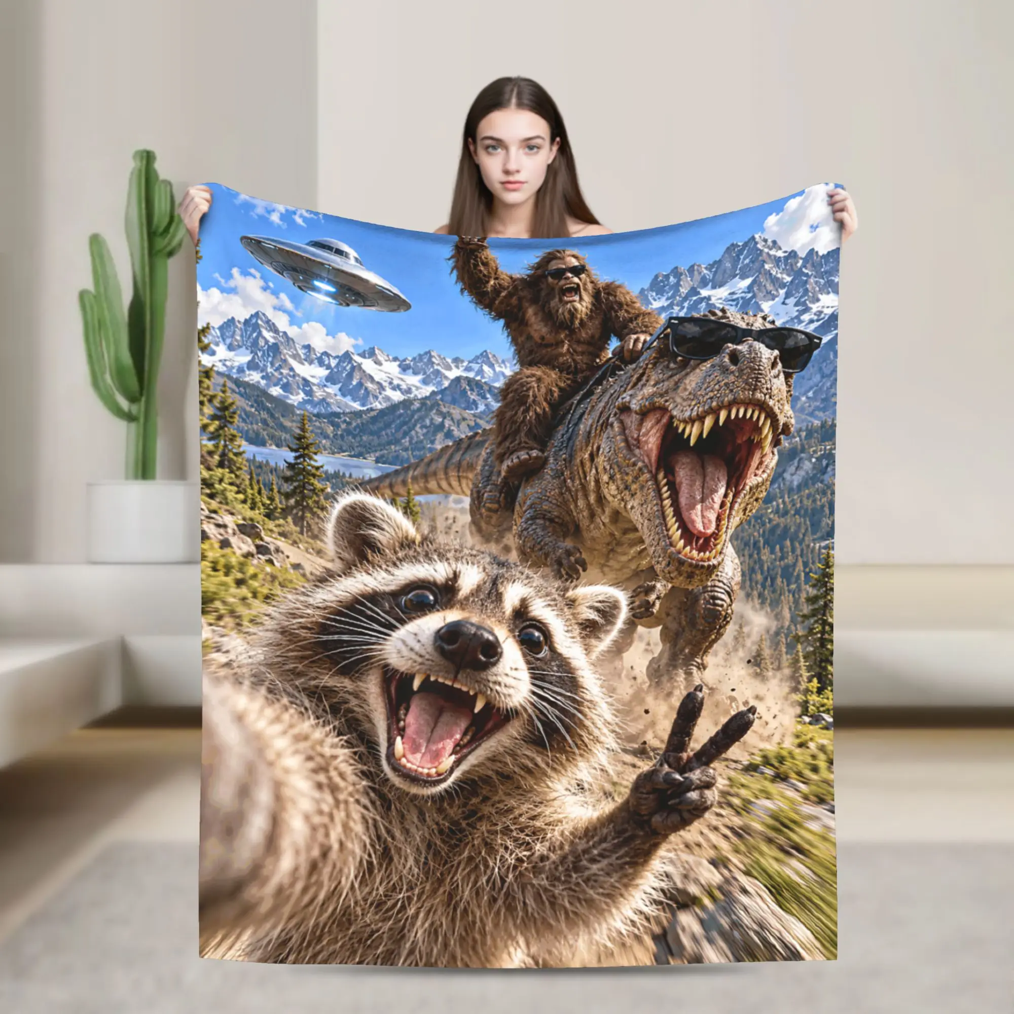 Funny Bigfoot Ride Dinosaur Raccoon Blanket Multiple Sizes Super Soft and Warm  Throw Blankets for Couch Sofa and Bed