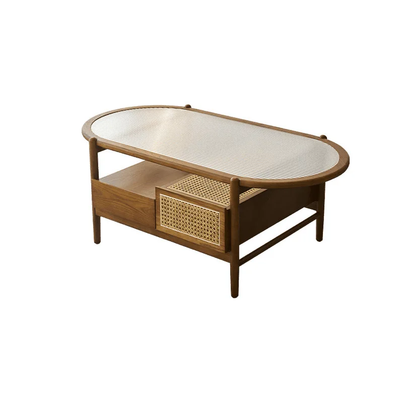

Wind solid wood rattan coffee table, Zhiyuan small apartment living room household cherry wood ash wood oval table Japanese