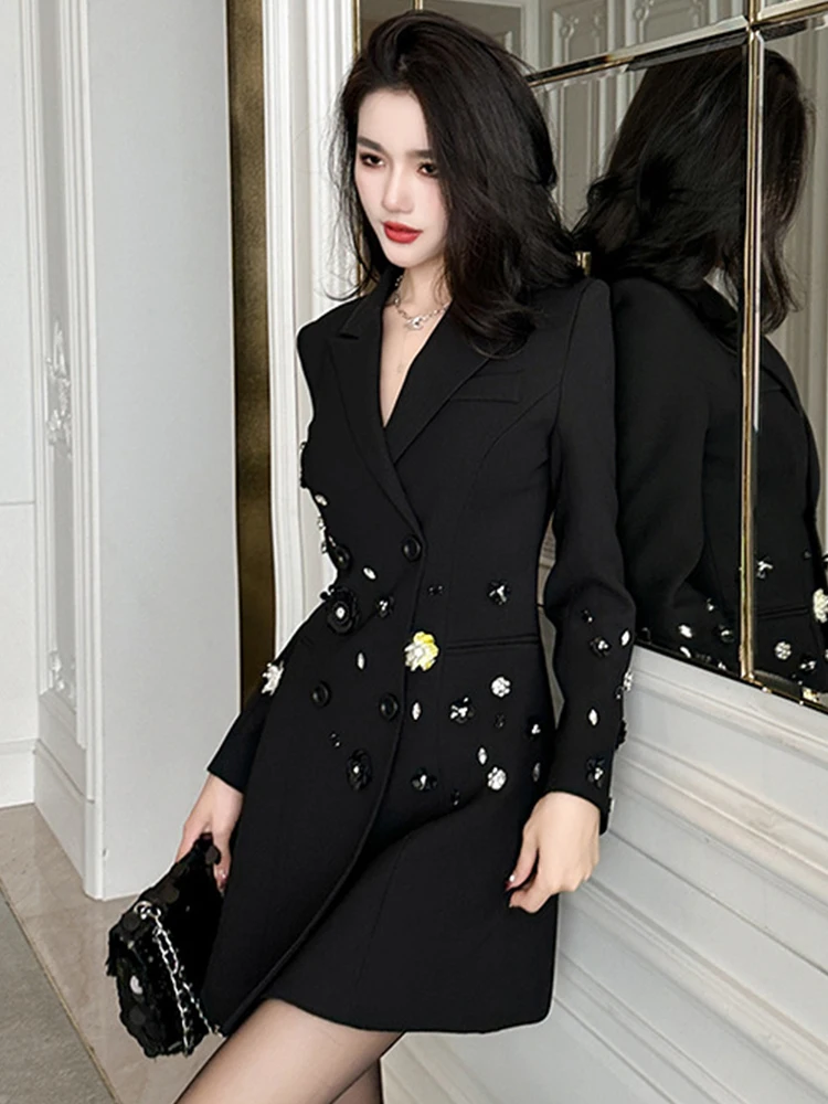 Exquisite Luxury Black Suit Coat Women\'s French Diamond Sequin Flower OL Professional Business Jacket Femme Outerwear Party Tops