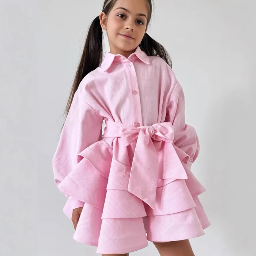 

2026 Summer New Girls Linen Fashion Ruffled Princess Dress Solid Toddler Girls Temperament Lapel Dress Kids JK Dress