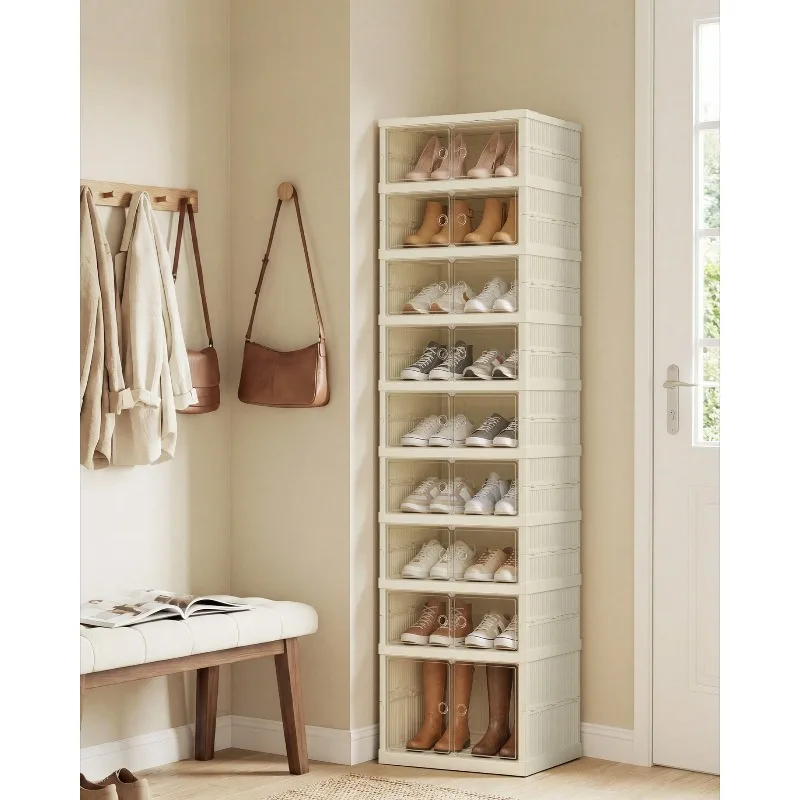 Cloud White Foldble Shoe Storage Organizer For Closet, Stackable Sneaker Cabinet With Magnetic Door, Large Plastic Container Bins For Living Room, Entryway, 9-Tier For 18 Pairs